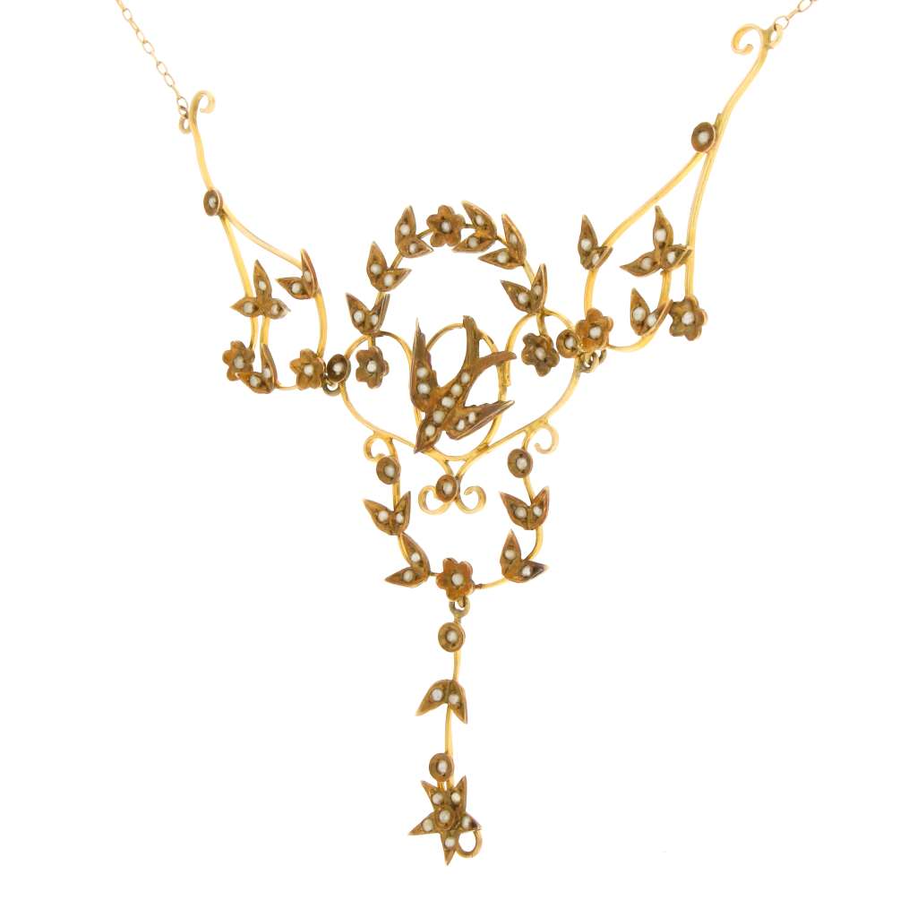 Full length view of antique 14kt yellow gold seed pearl necklace, 16 inches long, vintage collectible jewelry from Vancouver