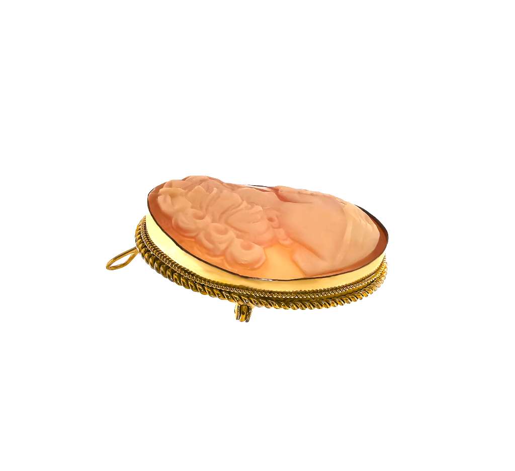 Side view of yellow gold filled on silver cameo brooch pendant, showcasing dual brooch and pendant design