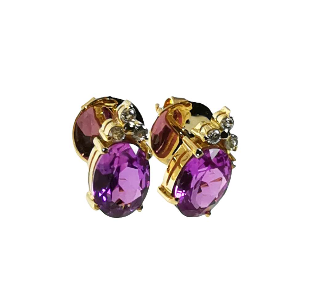 12kt yellow gold earring with oval synthetic pink sapphire and full-cut diamonds, side angle