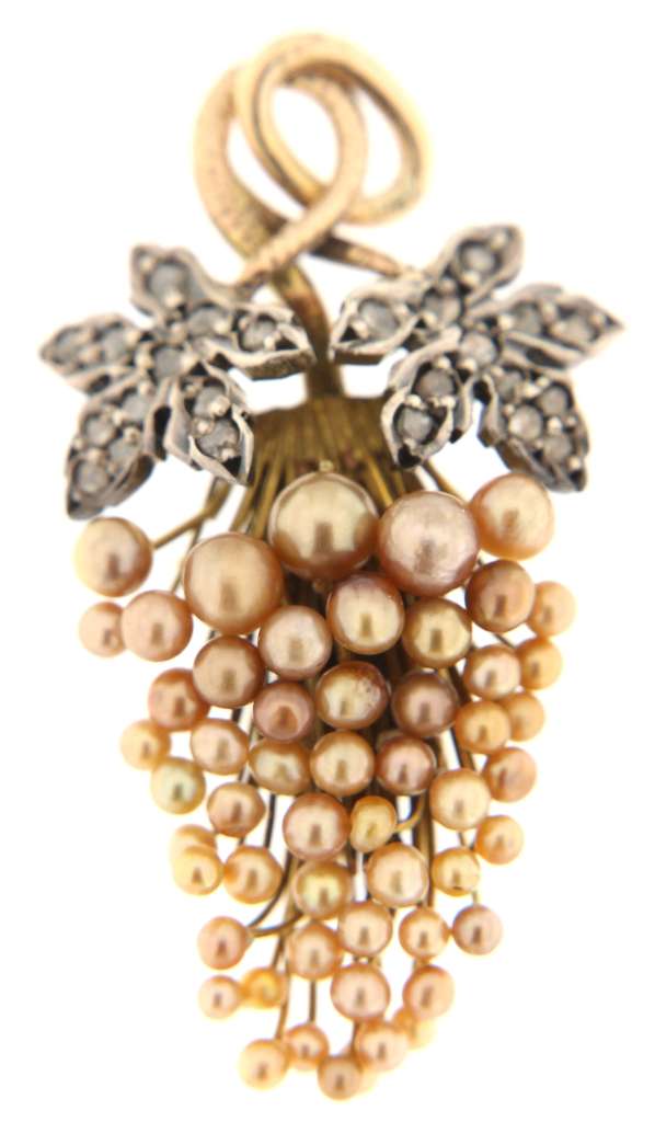 12kt yellow and white gold grape-style pendant with pinkish-gold seed pearls and rose cut diamonds, top-down angle