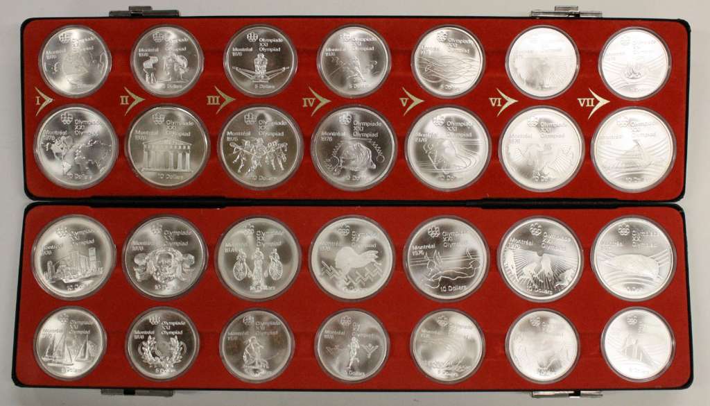 Canada Silver 1976 Complete Set of 28 $5 and $10 .925 Silver Coins: Montreal Olympics (Series I through VII) in BU Finish (in Black Case), .925