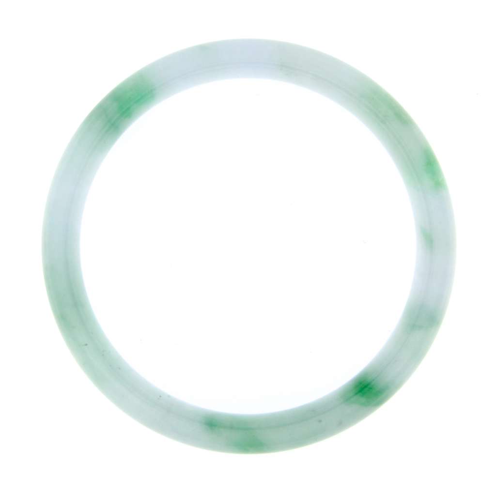 Burmese natural jadeite jade bangle, light green with grey overtones and mottled dark green, domed profile top view