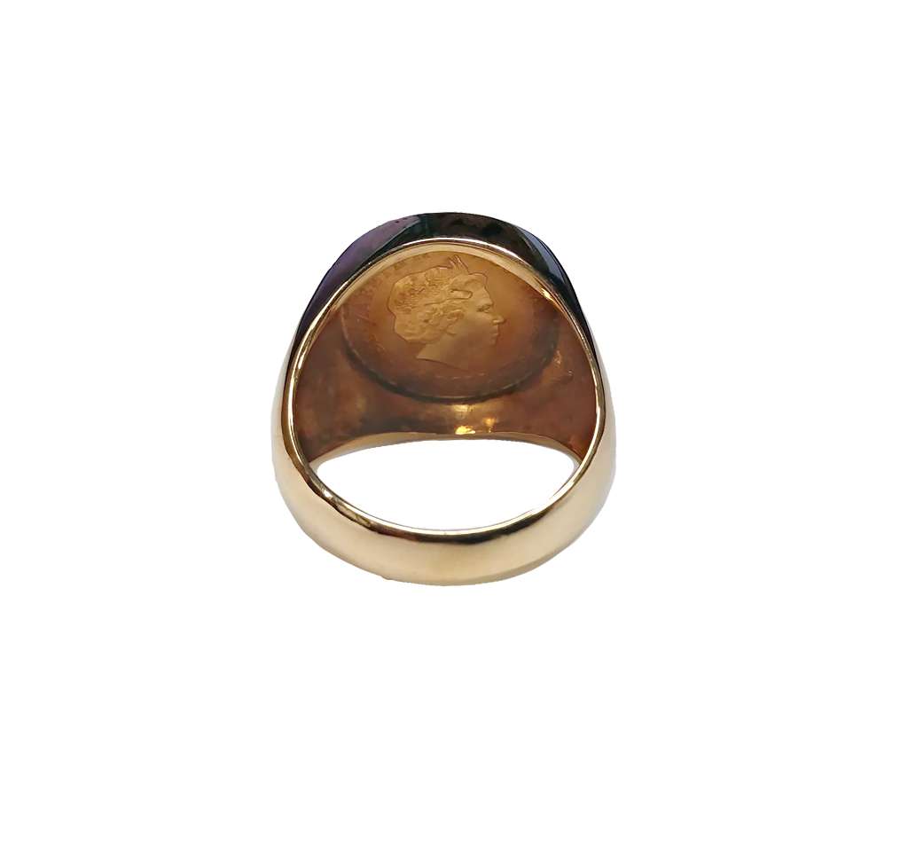 Close-up of bezel setting holding 2006 Australian 1/10 oz gold coin on 14kt yellow gold ring, polished finish