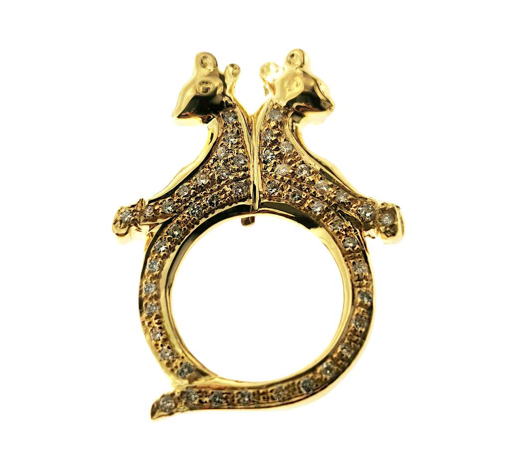 14kt yellow gold coin frame pendant shown from front, featuring 47 round brilliant diamonds, designed to hold 1/10 oz gold Maple Leaf coin