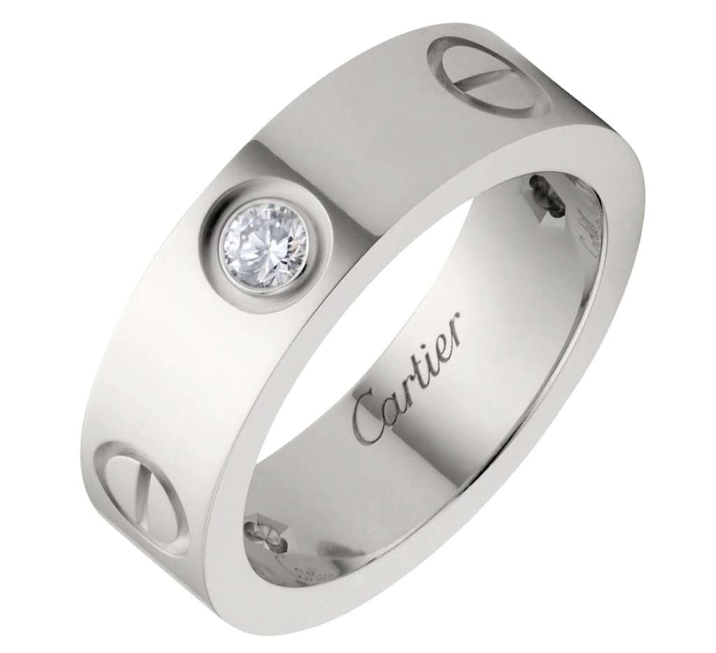 Side angle of 18kt white gold Cartier Love Band ring showing smooth polished finish and diamond setting