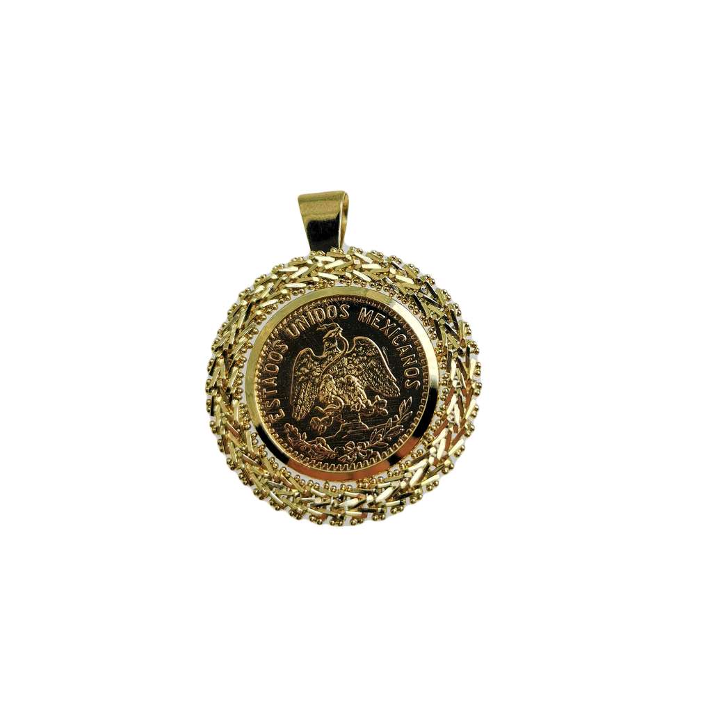 14kt yellow gold pendant featuring 1955 Mexico 5 Peso gold coin with polished wheat style frame, front angle