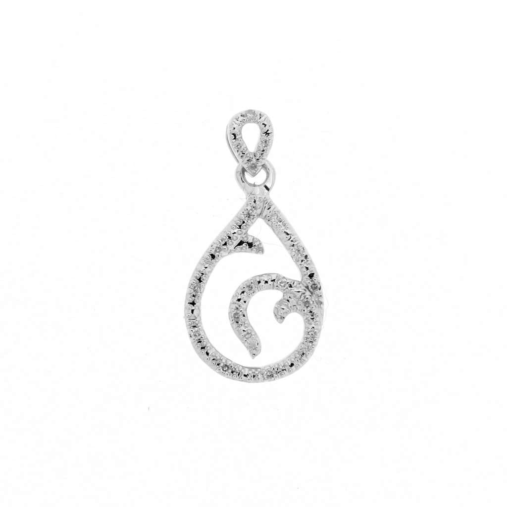 10K white gold pear shape diamond pendant front view showing 19 full cut diamonds totaling 0.10 cttw