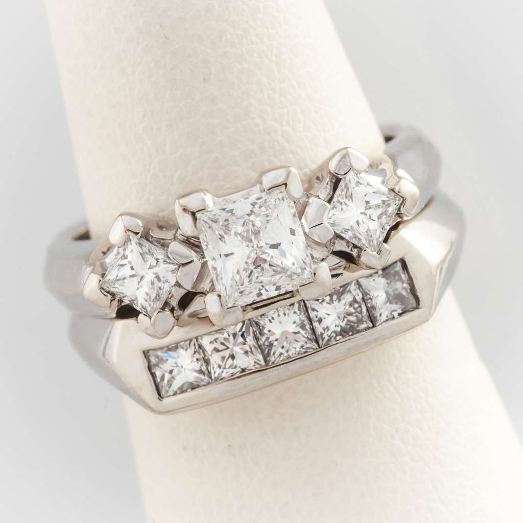 Detailed view of white gold 18kt diamond wedding band with high-quality G-H color princess cut diamonds