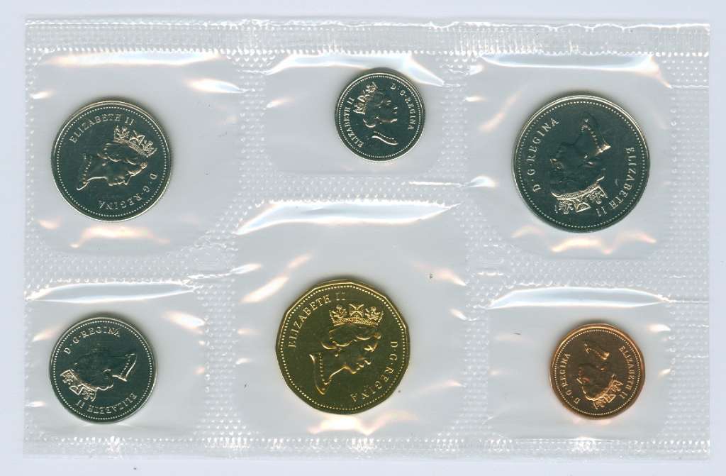 Close-up of 1991 Canadian uncirculated coin set coins with brilliant uncirculated surfaces and clear details