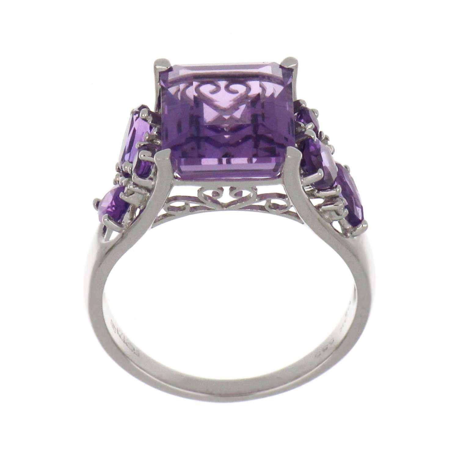 14kt white gold amethyst ring showcasing polished band and gemstone arrangement