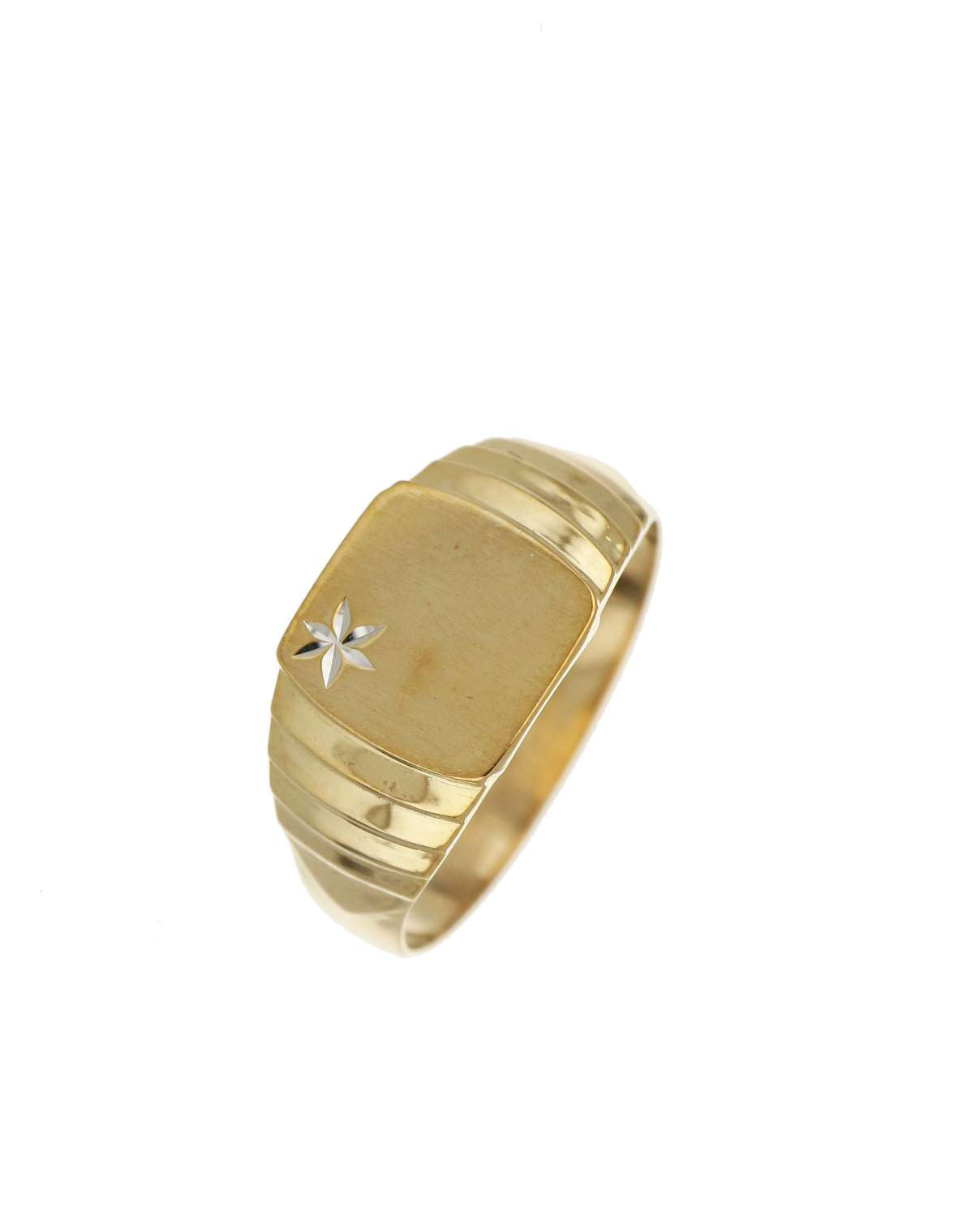 Front angle of 10kt yellow gold initial ring highlighting the delicate initial motif and ring size 8