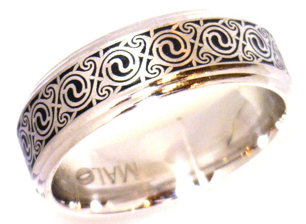 14kt white gold Malo wedding band, CEL-007-7WG style, 7mm width, comfort fit, close-up angled view showing smooth polished surface and substantial weight