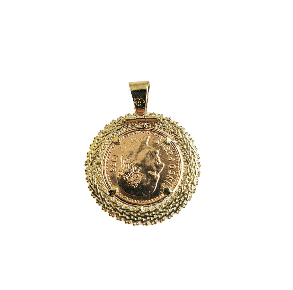 Back view of 14kt yellow gold pendant showcasing clasp and smooth coin mounting