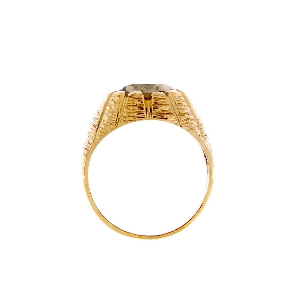 Men's 10kt yellow gold smoky quartz ring viewed from front, highlighting gemstone clarity and setting