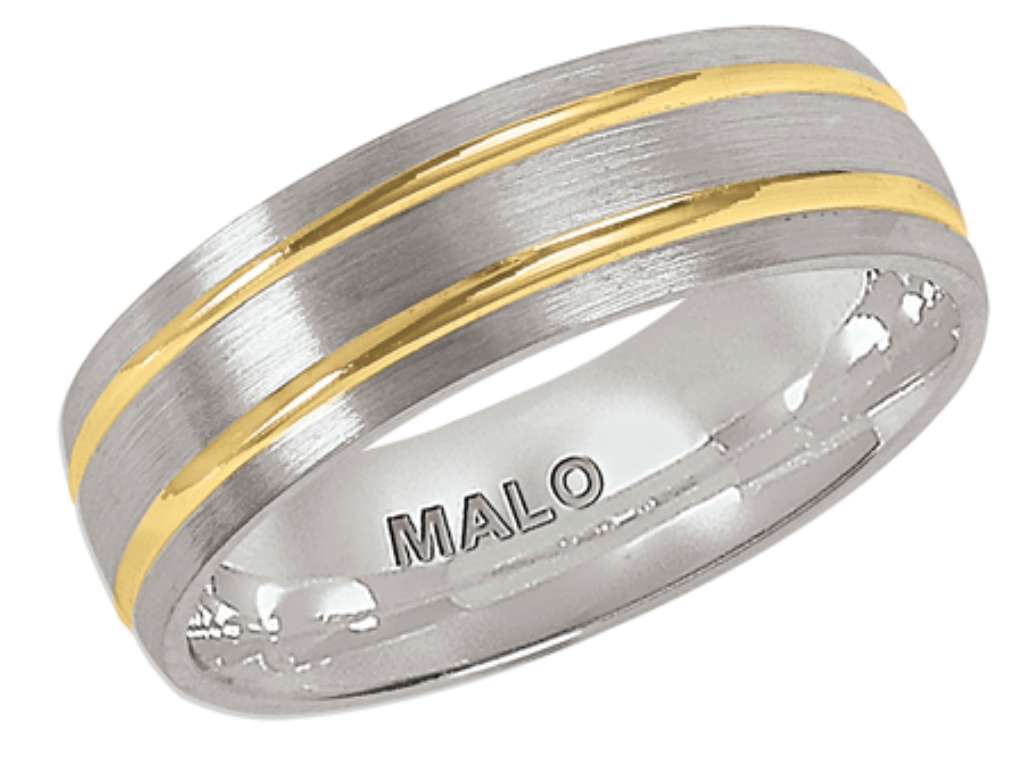 14k two-tone yellow and white gold Malo wedding band ring, side angle showing comfort shank and polished finish, weighs 8.22 grams
