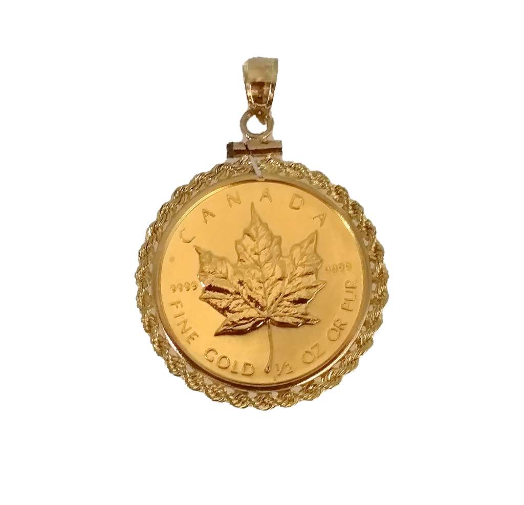 Close-up side view of 14kt yellow gold rope bezel holding authentic 1/2 oz 24kt Canadian Maple Leaf coin pendant