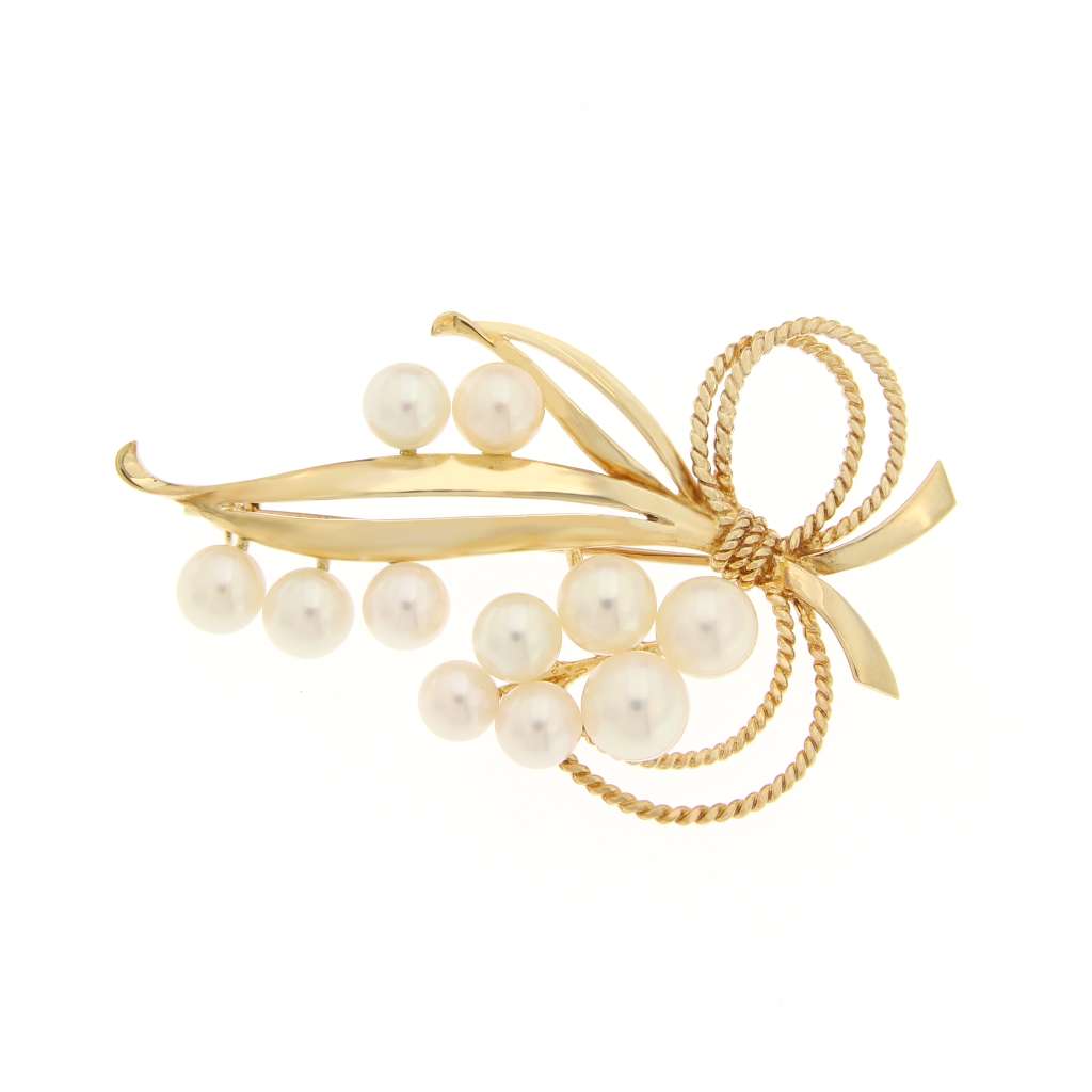 14kt yellow gold brooch with 11 white cultured pearls, front angle showing elegant cluster design