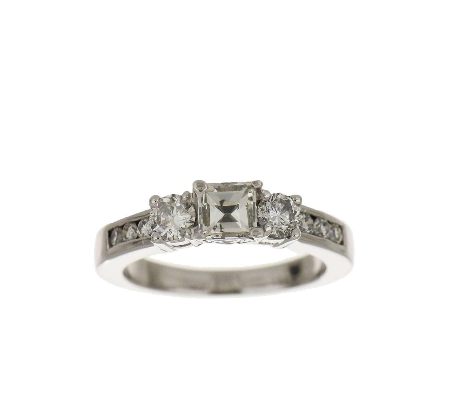 14kt white gold diamond ring featuring center square step cut diamond viewed from top angle