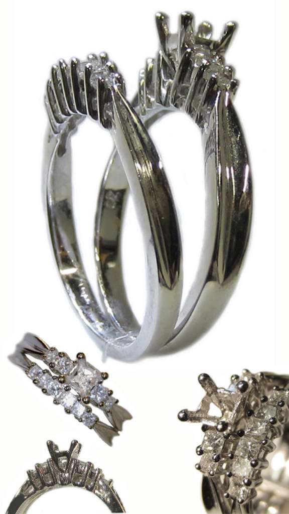 Ladies' 14kt white gold fancy engagement ring semi-mounting with matching wedding band