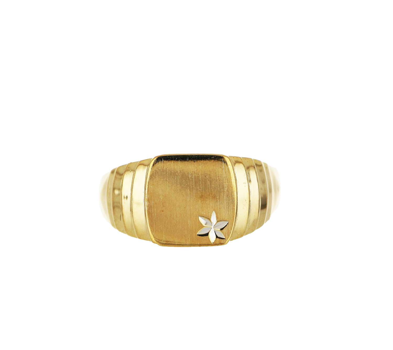 Close-up of 10kt yellow gold initial ring showing highly polished tapered shank and smooth finish