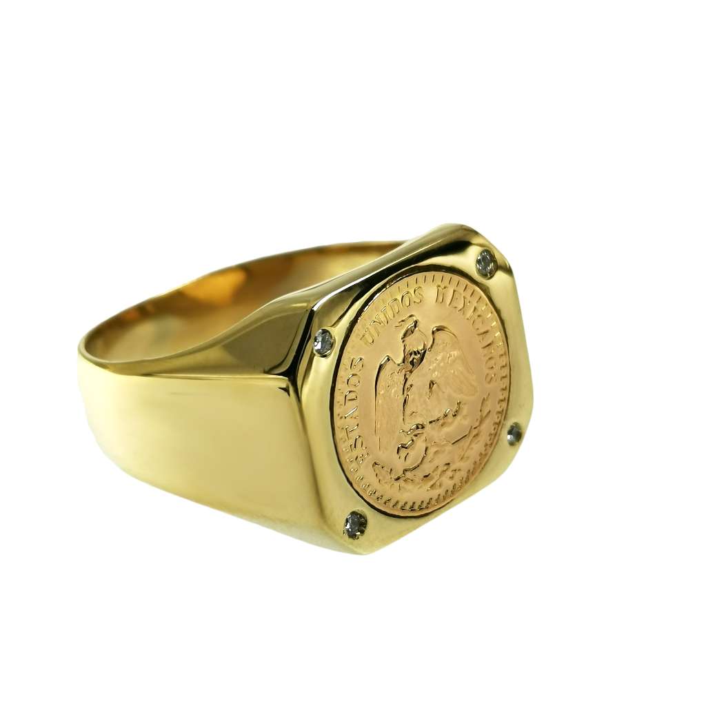 Close-up side angle of yellow gold coin ring highlighting the coin and diamond setting in polished frame