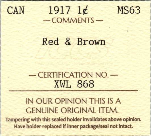 fullMatchVisible1917 Red & Brown #1MS63ICCS