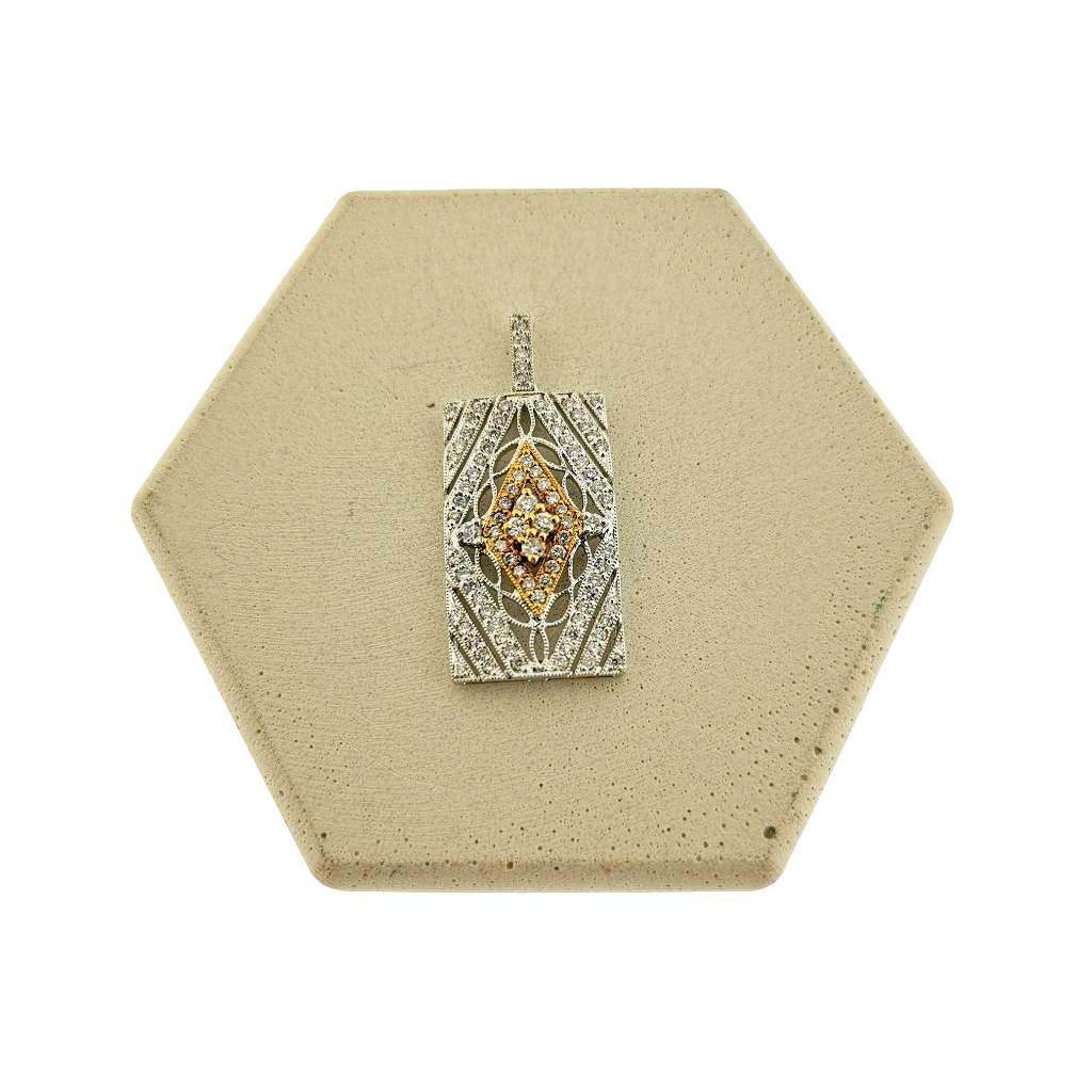 14kt white and yellow gold diamond pendant, front angle showing 91 round full-cut diamonds totaling 0.50cttw, elegant design weighing 2.96 grams