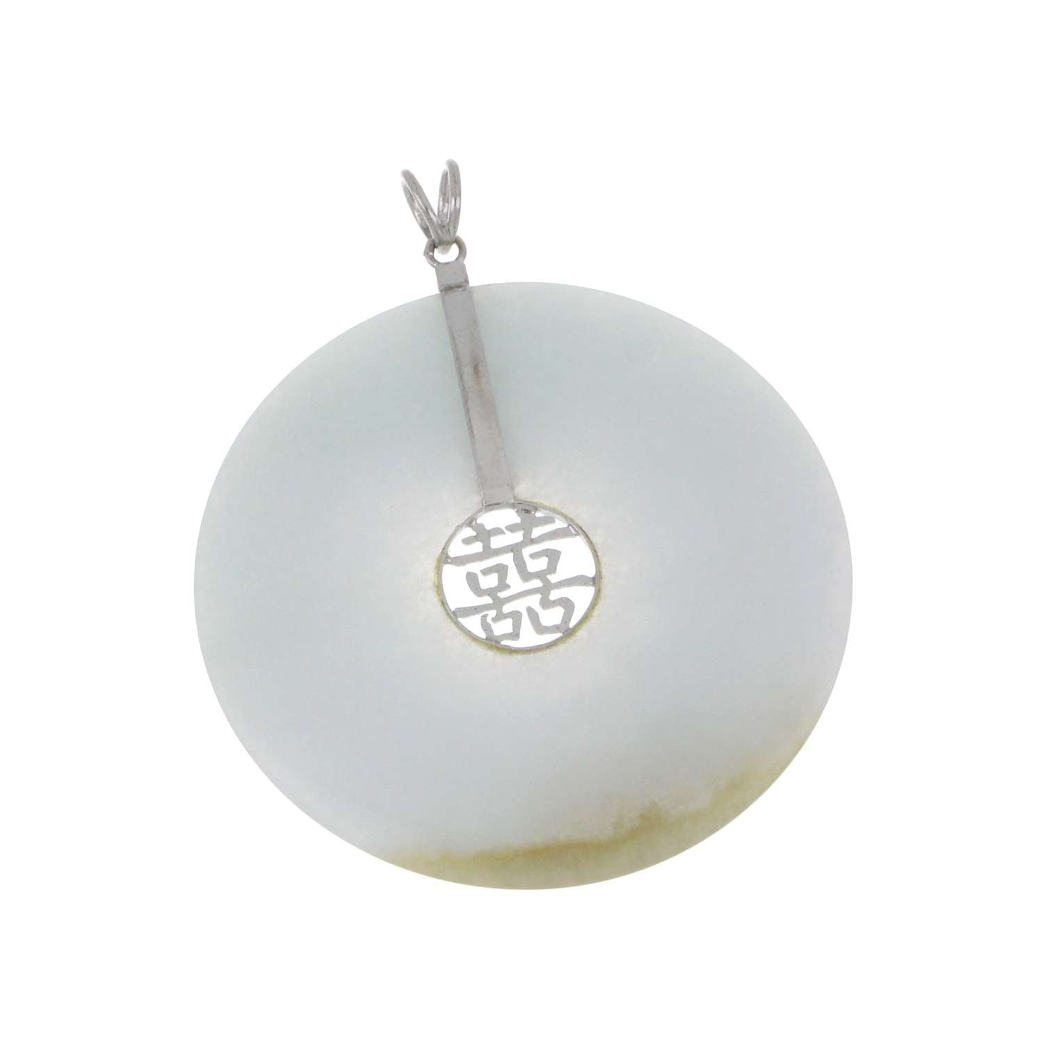 Side view of round Chinese jade pendant showcasing smooth jadeite surface and silver bail with happy character