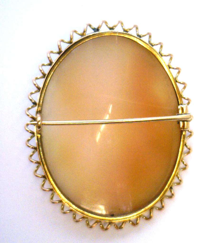 Detailed close-up of 9kt yellow gold oval shell cameo brooch highlighting intricate carving and polished gold setting