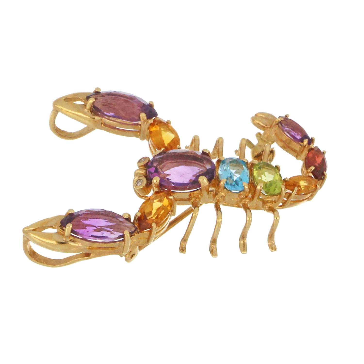 14kt yellow gold scorpion gemstone brooch with detailed view of sparkling round diamonds and vibrant multicolored stones