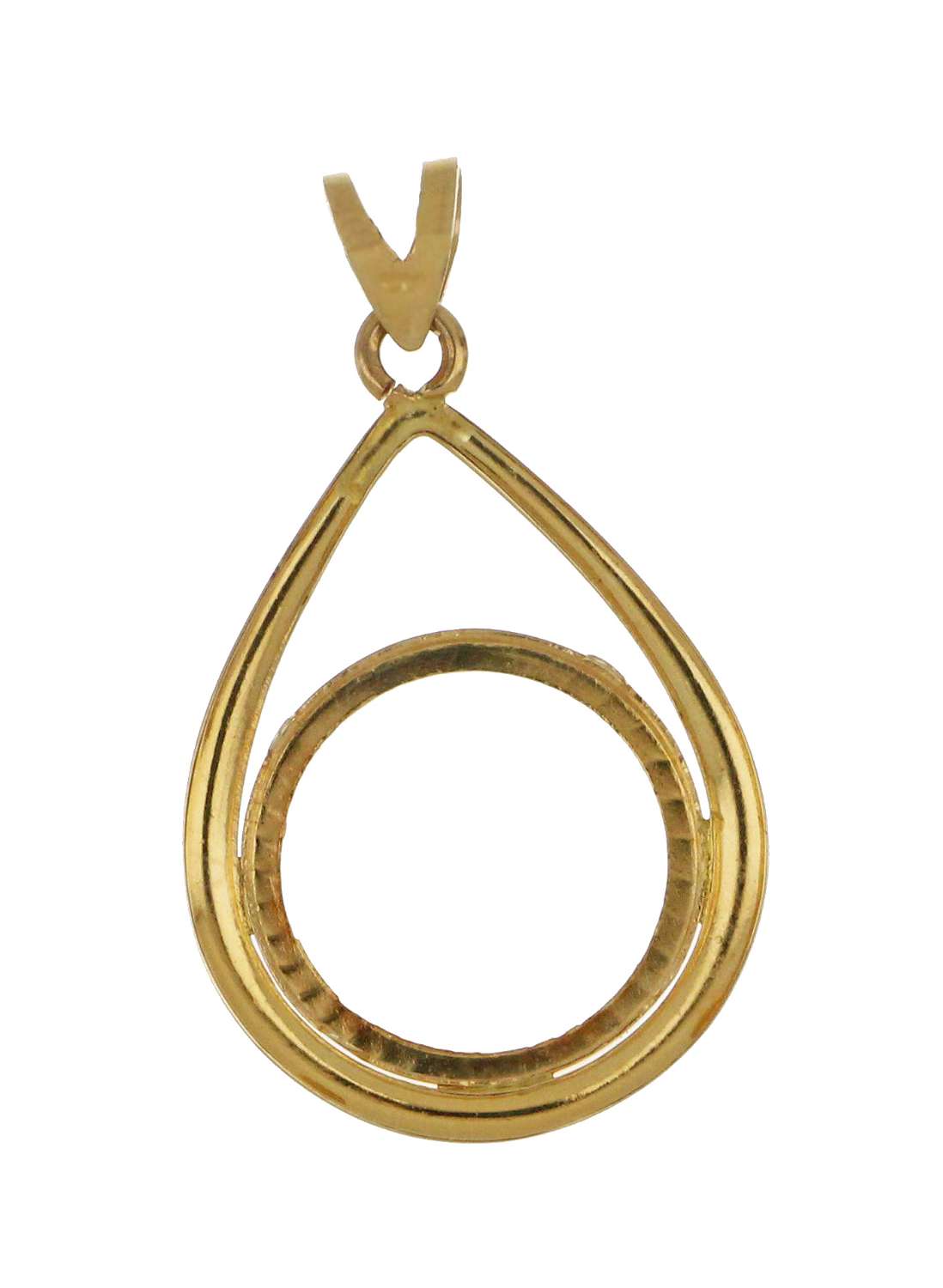Close-up of 14kt yellow gold coin bezel pendant highlighting craftsmanship and secure 4 prong structure for collectible Canadian Maple Leaf coin