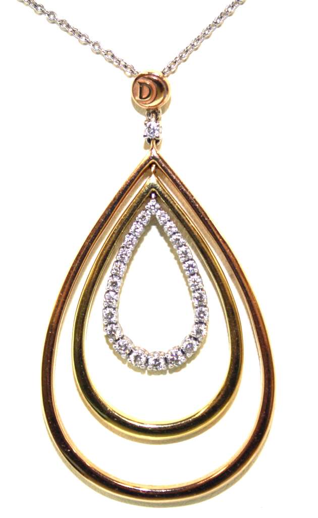 Close-up of 18kt tri-color gold diamond pendant showcasing 26 round brilliant cut diamonds with white, yellow, and rose gold elements