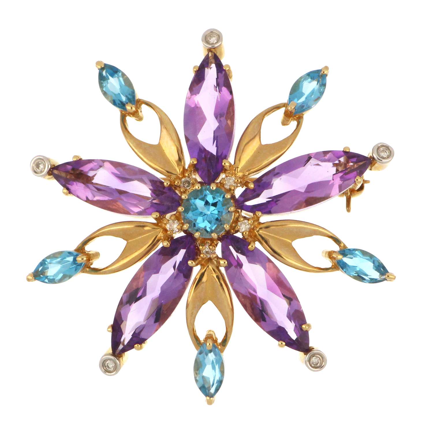 Close-up angled image of 14kt yellow gold flower brooch highlighting marquise blue topaz, amethyst stones, and diamond accents