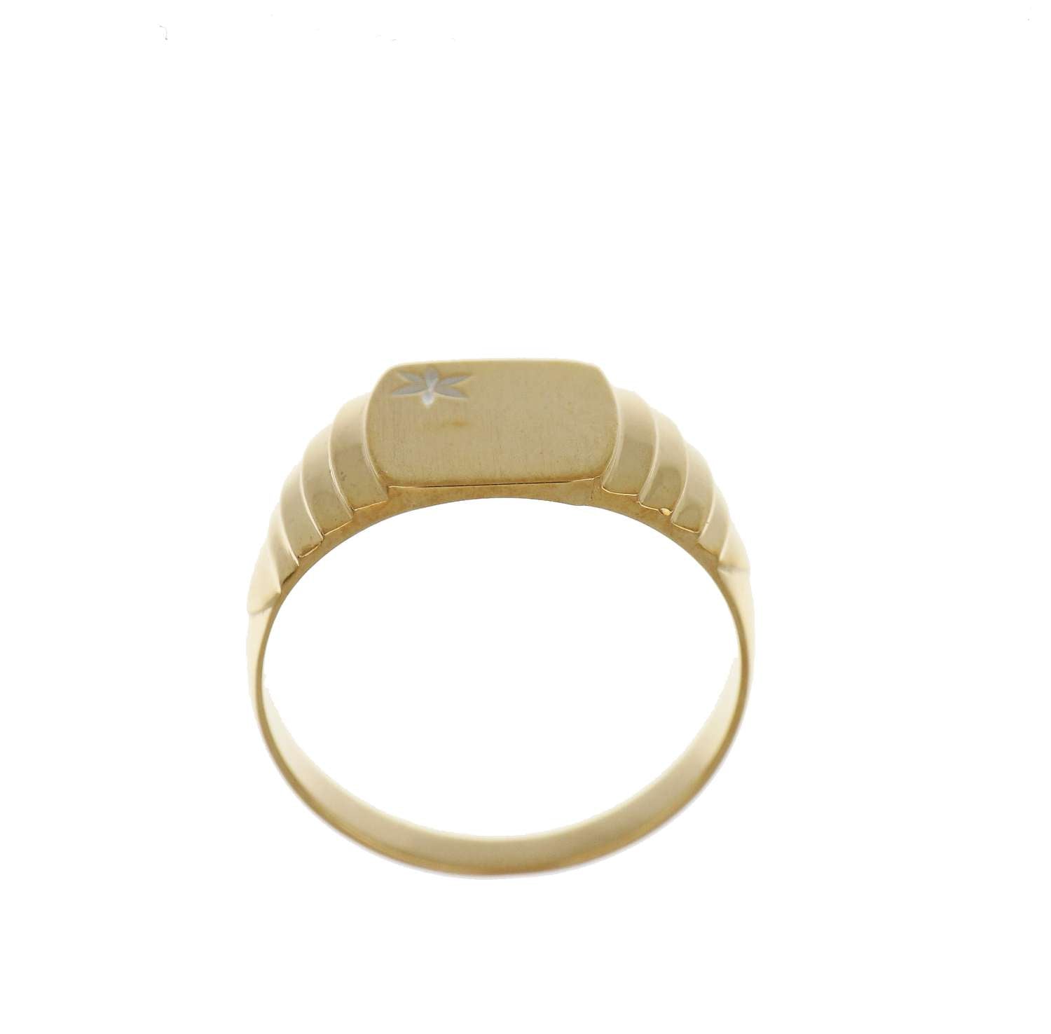 Top-down view of 10kt yellow gold initial ring emphasizing luxurious polish and craftsmanship
