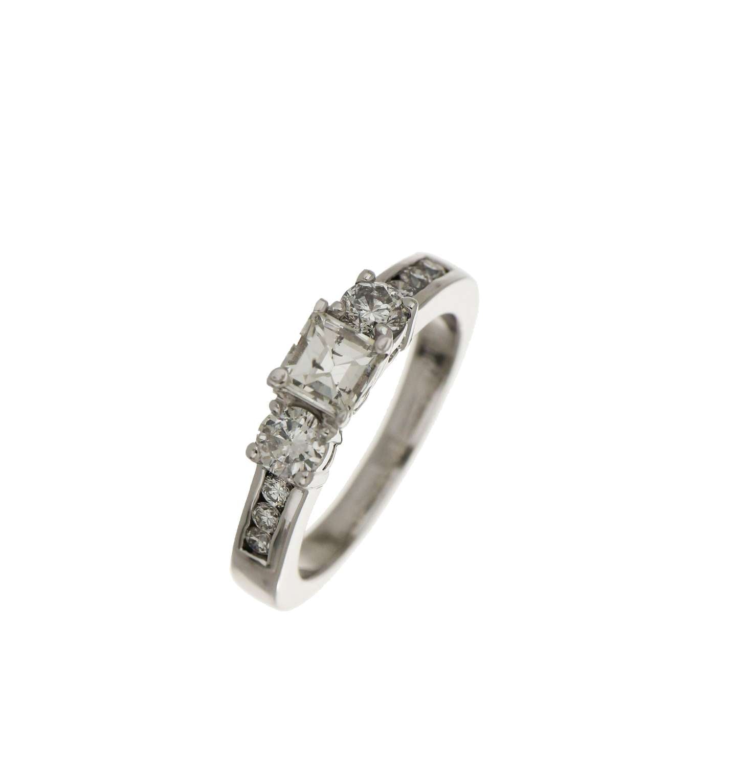 Side profile of elegant 14kt white gold diamond ring with sparkling diamond accents