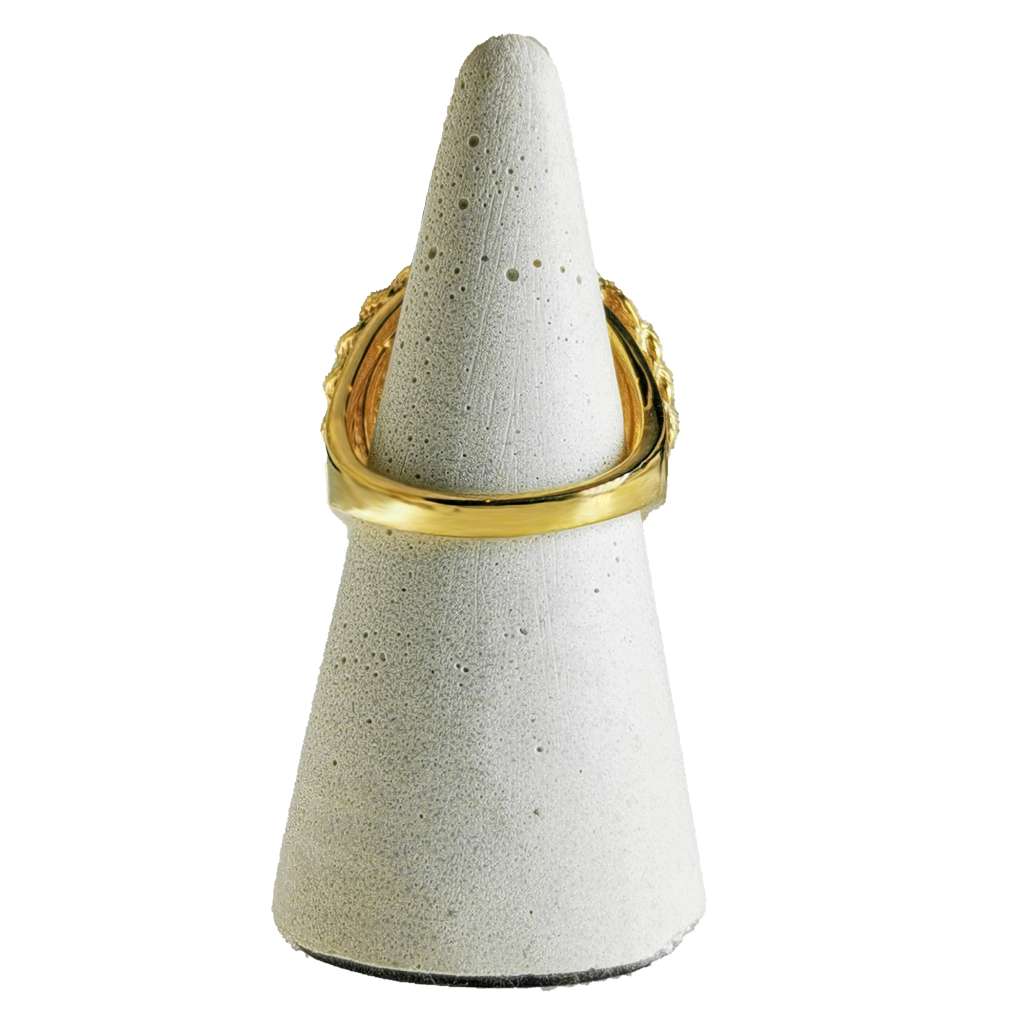 Close-up detail of 14kt yellow gold coin ring featuring authentic 22kt American Liberty coin, elegant craftsmanship visible