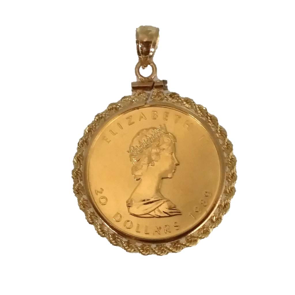 14kt yellow gold framed pendant with 1/2 oz 24kt Canadian Maple Leaf coin, rope-style bezel, front angle
