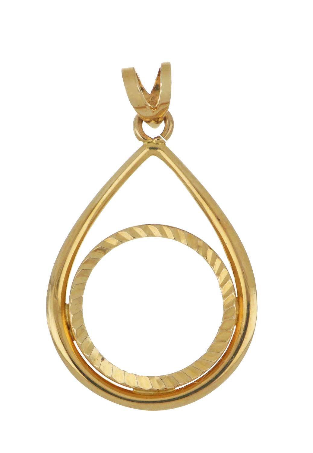14kt yellow gold coin bezel pendant in pear shape and 4 prong setting designed for 1/20 oz Canadian Maple Leaf coin, angled front view showing polished finish