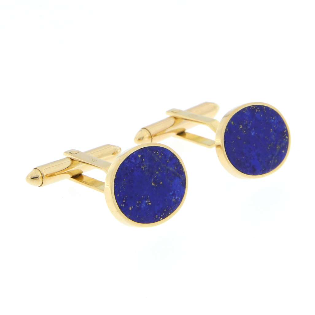 Elegant 18kt yellow gold cufflink set with oval Lapis Lazuli stones, showcasing craftsmanship and weight