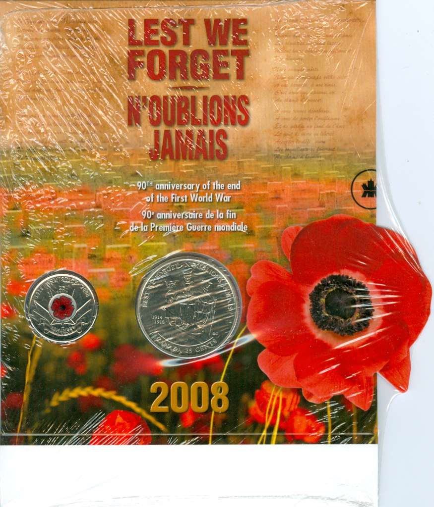 Canada Base Metal 2008 25 Cents Set Lest We Forget, Colorized, includes Oversized Coin CI