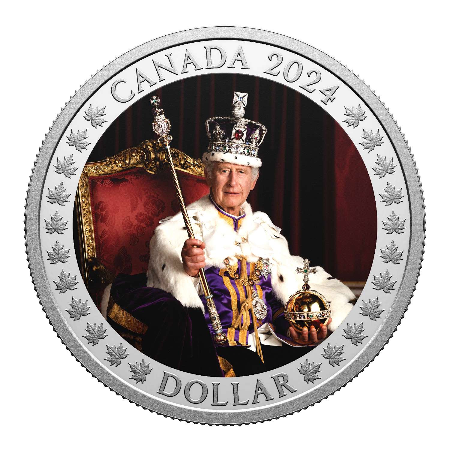 Canada 2024 Silver $1 coin showing obverse with King Charles III official coronation portrait in full regalia, proof finish