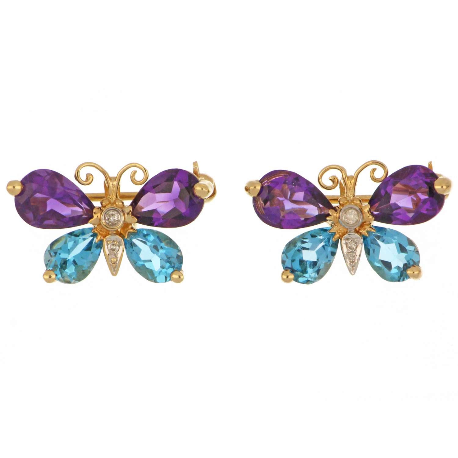 Close-up side angle of 14kt yellow gold butterfly brooch with pear-shaped amethyst and blue topaz accented by small full-cut diamonds