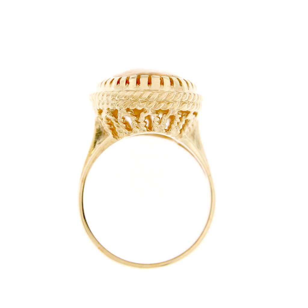 Side angle showing 10K yellow gold band and detailed craftsmanship of shell cameo ring, 4.69 grams