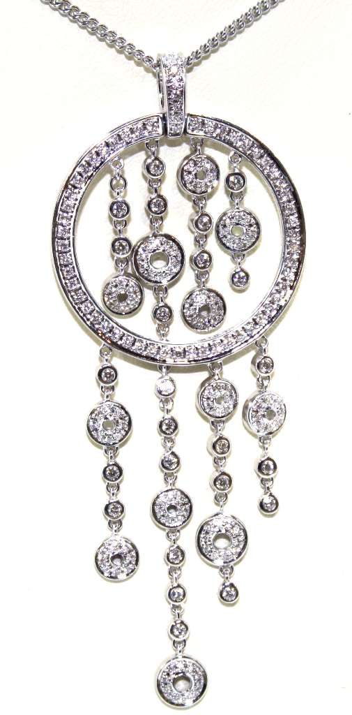 Front view of 18kt white gold diamond pendant with 184 round brilliant cut diamonds on enhancer bail
