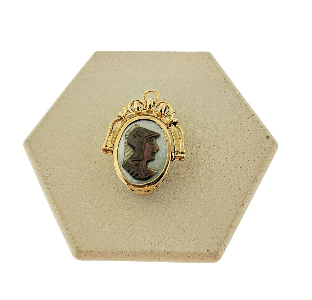 14kt yellow gold fob with black mother-of-pearl soldier carving, front side view