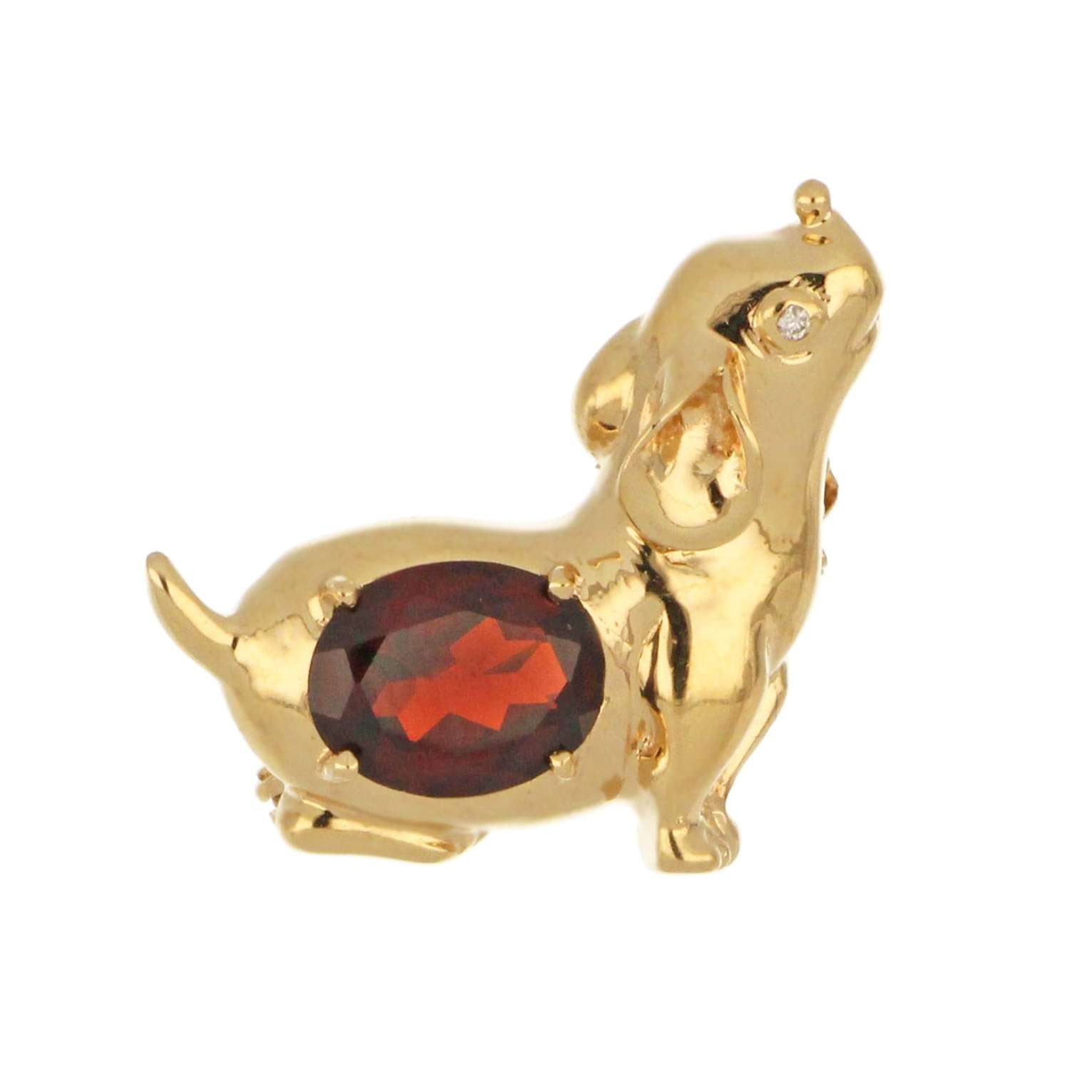 14kt yellow gold puppy style brooch with oval garnet and small round diamond, front angle