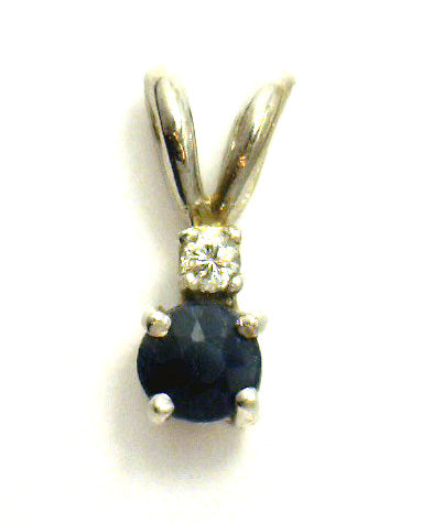 14kt white gold pendant with round 3.1mm blue sapphire and single full cut diamond, front view