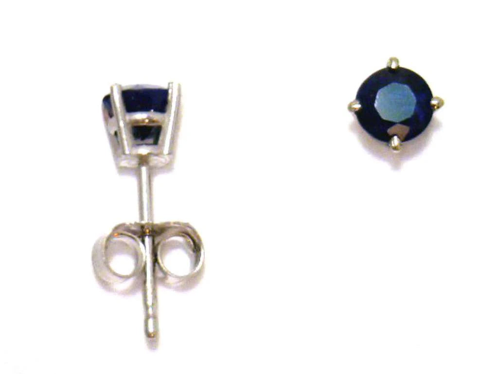 14kt white gold stud earrings with vivid blue sapphire gemstones, close-up front angle showing size and color
